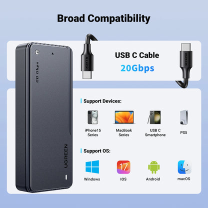 20Gbps Nvme SSD Case SSD Enclosure M.2 to USB3.2 Gen2X2 SSD Adapter for M.2 NVME PCIE Built-In Cooling Vest Aluminum Case