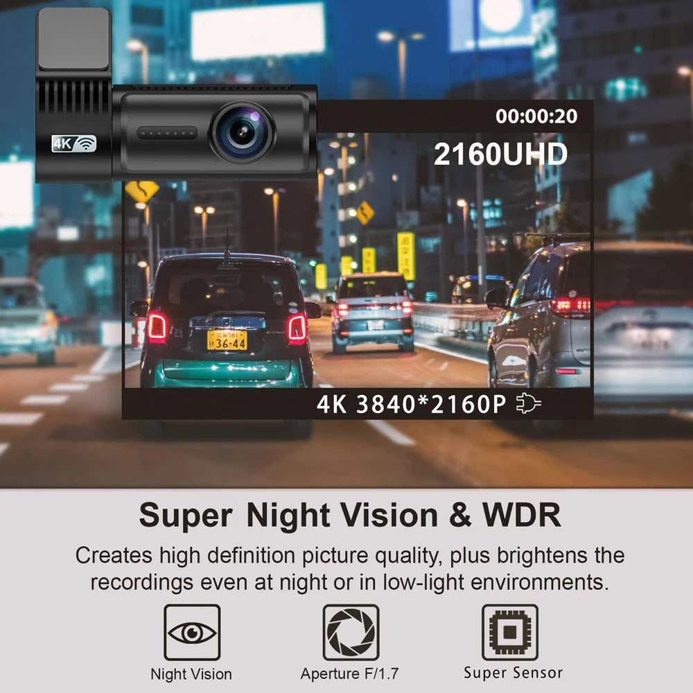 4K 3840*2160P Dash Cam WIFI GPS Car DVR Mini Camera Dual Len Video Drive Recorder Dashcam Registrar Black Box 24 Hour Monitoring